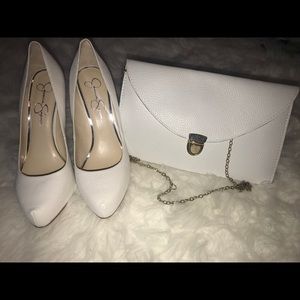 Jessica Simpson white pumps with matching clutch